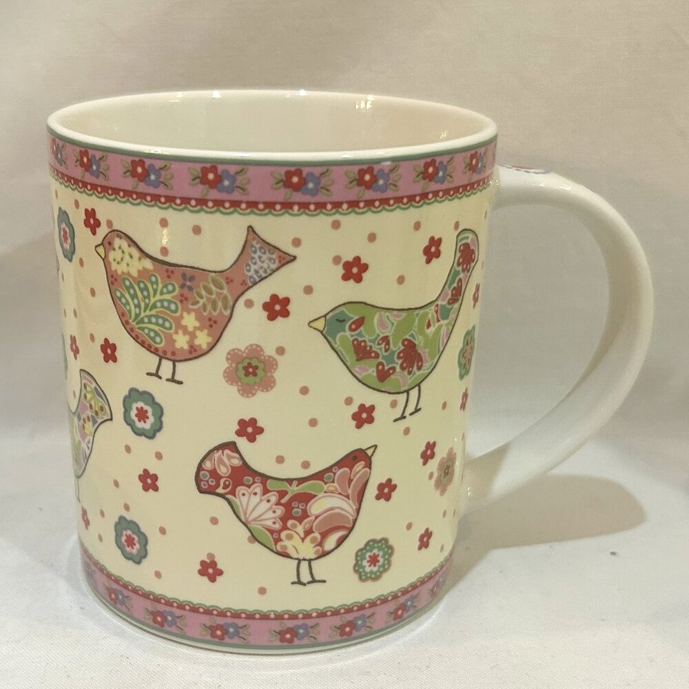 VTG Queens Ceramic Coffee Mug Folk Art Bird Chick Pattern Pink Yellow